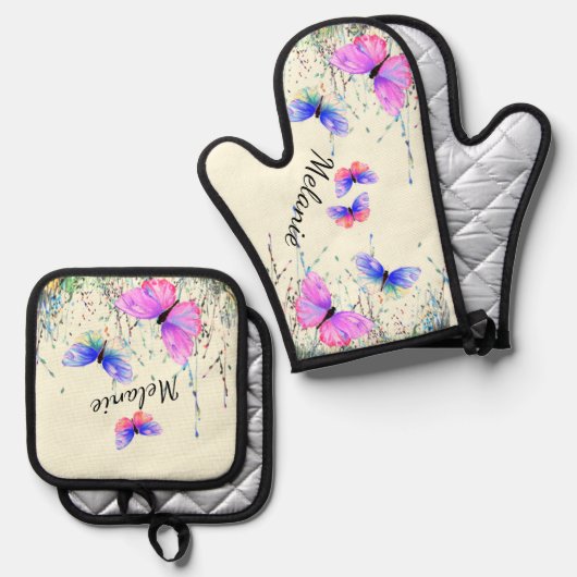Flying Butterflies aangepaste naam gepersonaliseer Ovenwant & Pannenlap Set (Voorkant / Achterkant)