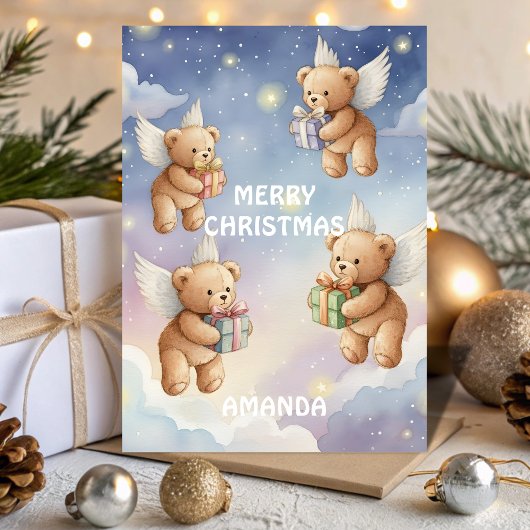 Flying Christmas Teddy Bears Kids Card Feestdagen Kaart