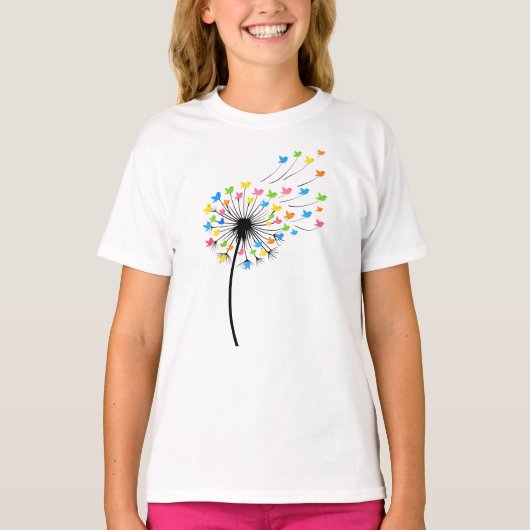 Flying colorful birds dandelion flow t-shirt (Voorkant)