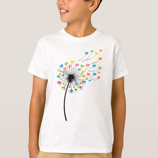 Flying colorful birds dandelion flow t-shirt (Voorkant)