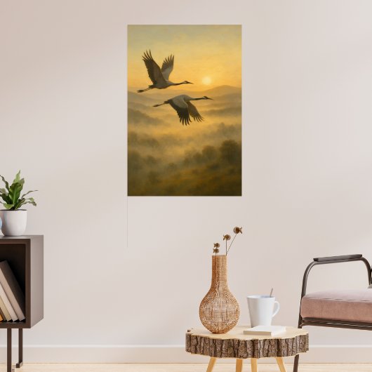 Flying Cranes at Sunset – Serene Nature Wall Art Poster (Woonkamer 3)