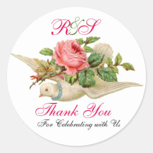 FLYING DOVE MET PINK ROSE Dank u Monogram Ronde Sticker