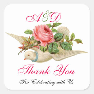 FLYING DOVE MET PINK ROSE Dank u Monogram Vierkante Sticker