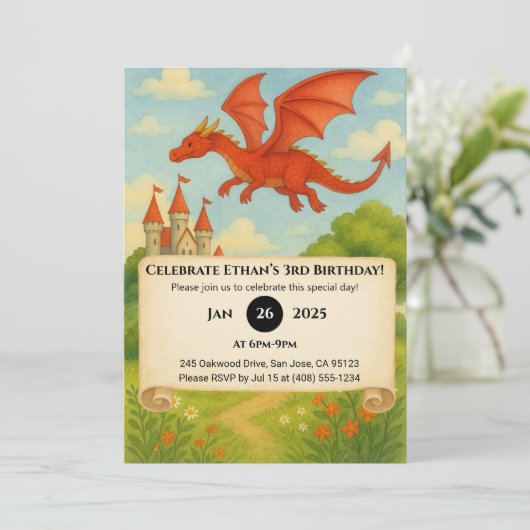 Flying Dragon Over Enchanted Forest Birthday Kaart (Staand voorkant)