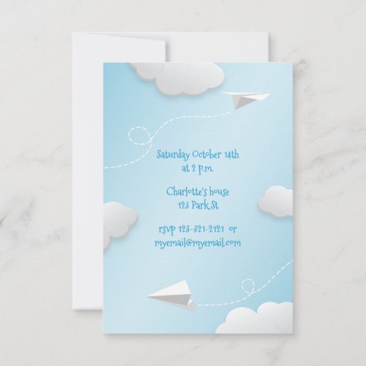 flying folded paper airplanes girls birthday aankondiging (Achterkant)