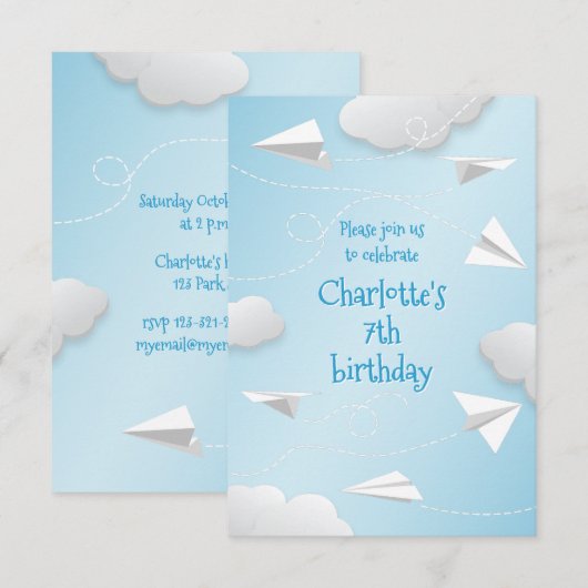 flying folded paper airplanes girls birthday aankondiging (Voorkant / Achterkant)