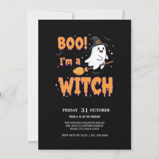 Flying Ghost op Broom Spooky Party Kaart (Voorkant)