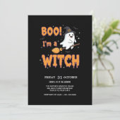 Flying Ghost op Broom Spooky Party Kaart (Staand voorkant)