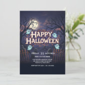 Flying Ghost op Broom Spooky Party Kaart (Staand voorkant)
