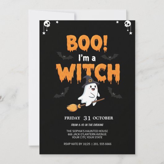 Flying Ghost op Broom Spooky Party Kaart (Voorkant)