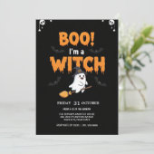 Flying Ghost op Broom Spooky Party Kaart (Staand voorkant)