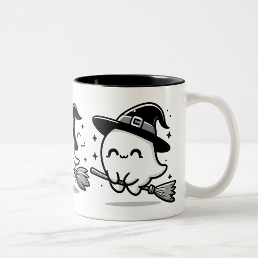 Flying Ghost Witch on Broom Halloween Mug | Double Tweekleurige Koffiemok (Rechts)