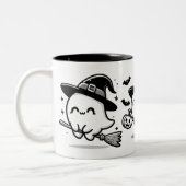 Flying Ghost Witch on Broom Halloween Mug | Double Tweekleurige Koffiemok (Links)