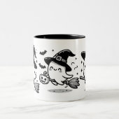 Flying Ghost Witch on Broom Halloween Mug | Double Tweekleurige Koffiemok (Center)