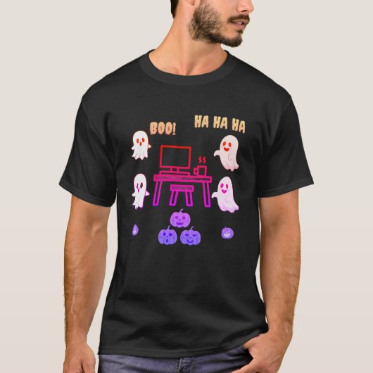 Flying Ghosts Around a Computer – Halloween Tech T-shirt (Voorkant)