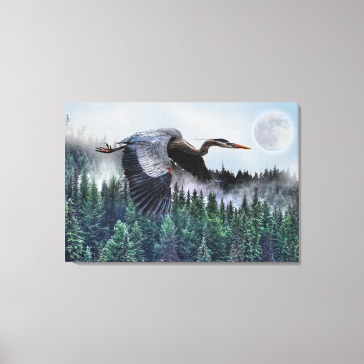 Flying Great Blue Heron and Misty Forest Wildlife Canvas Afdruk (Voorkant)