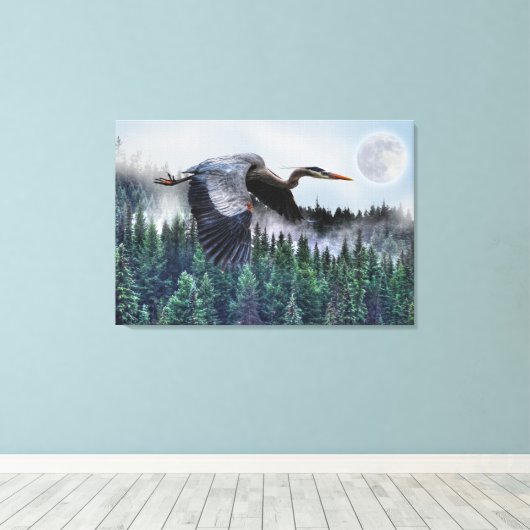 Flying Great Blue Heron and Misty Forest Wildlife Canvas Afdruk (Insitu (Houten vloer))