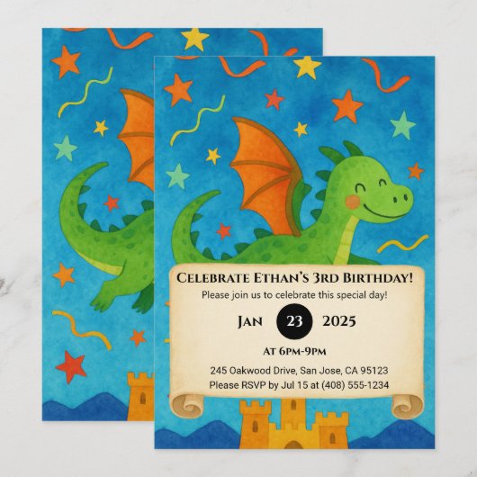 Flying Green Dragon Over Starry Castle Birthday Kaart (Voorkant / Achterkant)