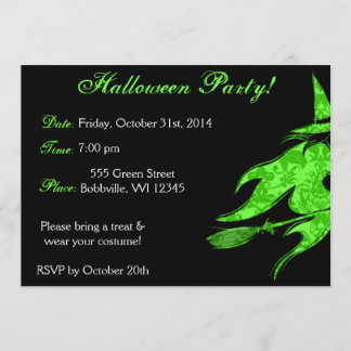 Flying Green Witch Halloween Invitation Kaart