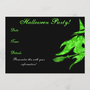Flying Green Witch Halloween Invitation Kaart