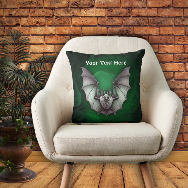 Flying Grey Bat Spooky Green Glowing Cave Kussen (Grey bat flying from spooky glowing green cave with trees on Halloween throw pillow.)