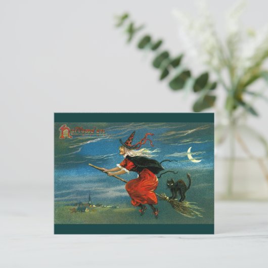 Flying Halloween Witch with Cat Briefkaart (Staand voorkant)