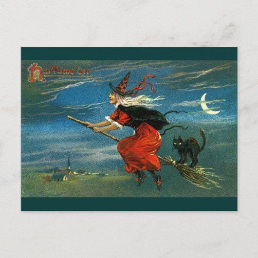 Flying Halloween Witch with Cat Briefkaart (Voorkant)