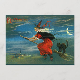 Flying Halloween Witch with Cat Kaart