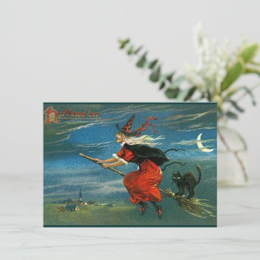Flying Halloween Witch with Cat Kaart (Staand voorkant)