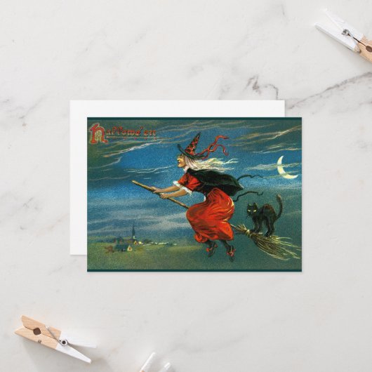 Flying Halloween Witch with Cat Kaart (Voorkant / Achterkant in situ)