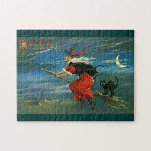 Flying Halloween Witch with Cat Legpuzzel