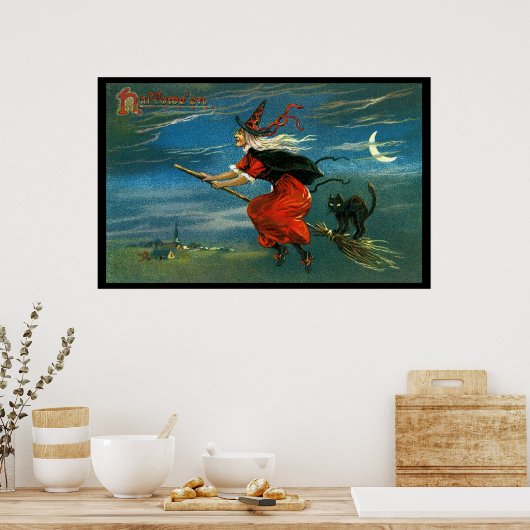 Flying Halloween Witch with Cat Poster (Keuken)