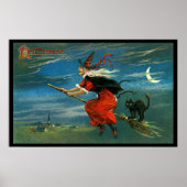 Flying Halloween Witch with Cat Poster (Voorkant)