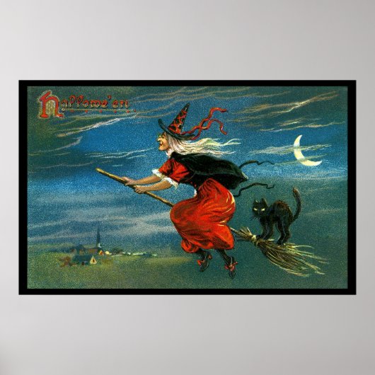 Flying Halloween Witch with Cat Poster (Voorkant)