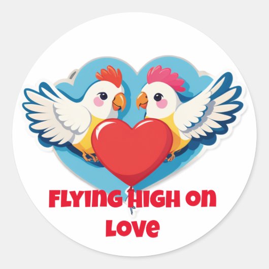 Flying High on Love – Balloon-Holding Lovebirds Ronde Sticker (Voorkant)