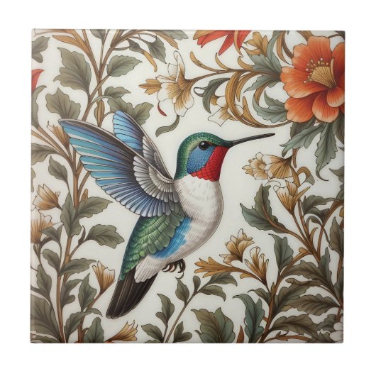 Flying Hummingbird William Morris Inspired Tegeltje (Voorkant)