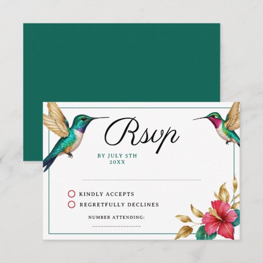 Flying Hummingbirds Red Tropical Flower Wedding RSVP Kaartje (Voorkant / Achterkant)