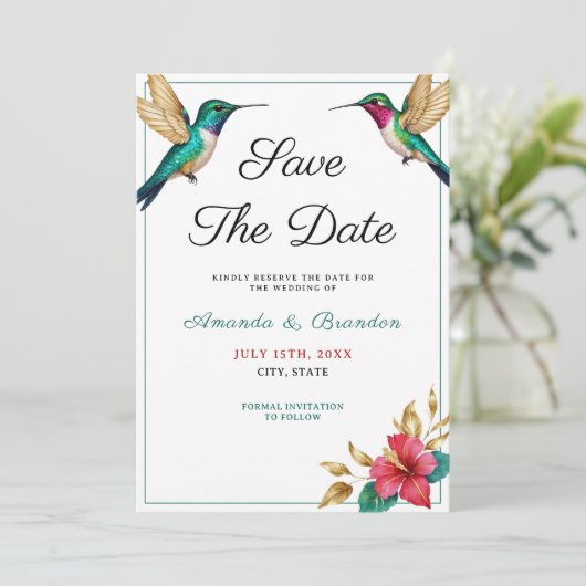 Flying Hummingbirds Red Tropical Flower Wedding Save The Date (Staand voorkant)