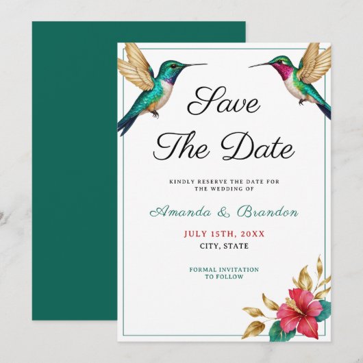 Flying Hummingbirds Red Tropical Flower Wedding Save The Date (Voorkant / Achterkant)