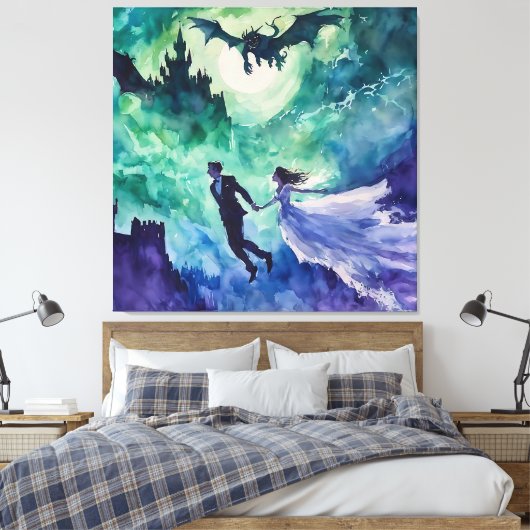 Flying Lovers - Waterverf Schilderen Canvas Afdruk (Insitu (Slaapkamer))