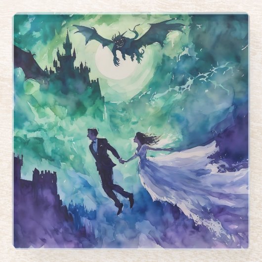 Flying Lovers - Waterverf Schilderen Glazen Onderzetter (Voorkant)