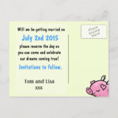 Flying Pig Bride and Groom slaan de datum briefkaa Aankondigingskaart (Achterkant)