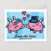 Flying Pig Bride and Groom slaan de datum briefkaa Aankondigingskaart (Voorkant)