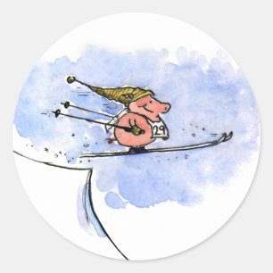 Flying Pig - Cool Ski Jumping Pig Athlete Ronde Sticker