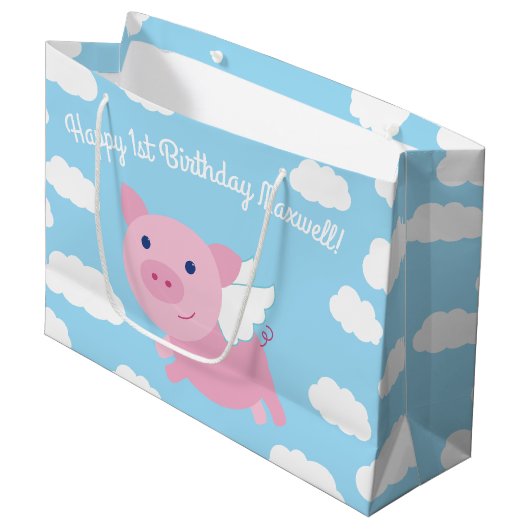 Flying Pig Cute 1st Birthday Gift Bag Groot Cadeauzakje (Voorkant Gekanteld)