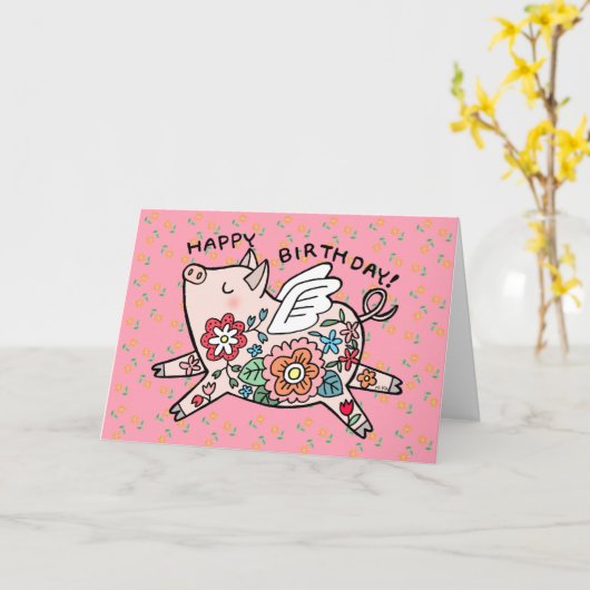Flying Pig Cute Happy Birthday Angel Pig Floral Kaart (Gele Bloem)