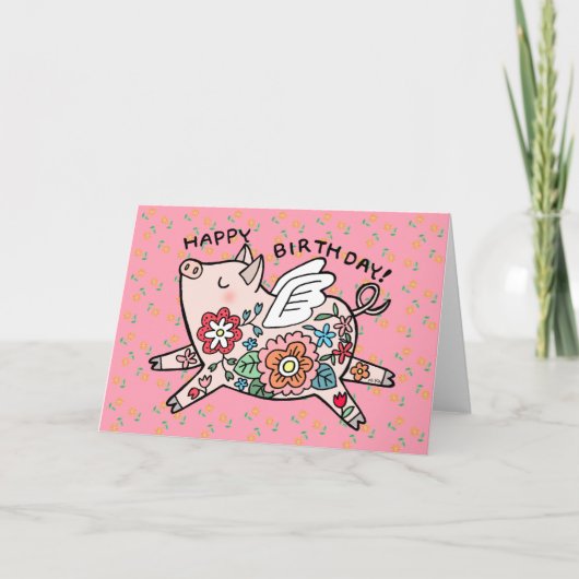 Flying Pig Cute Happy Birthday Angel Pig Floral Kaart (Voorkant)