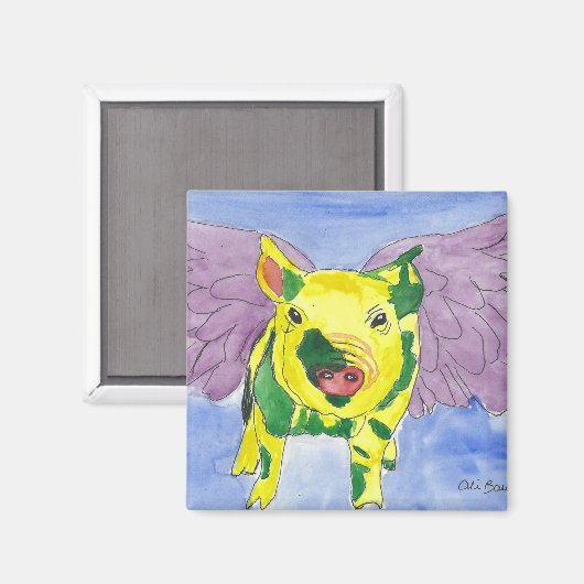 Flying Pig genaamd Ozzy the Pigasus Waterverf Pain Magneet (Voorkant / Achterkant)