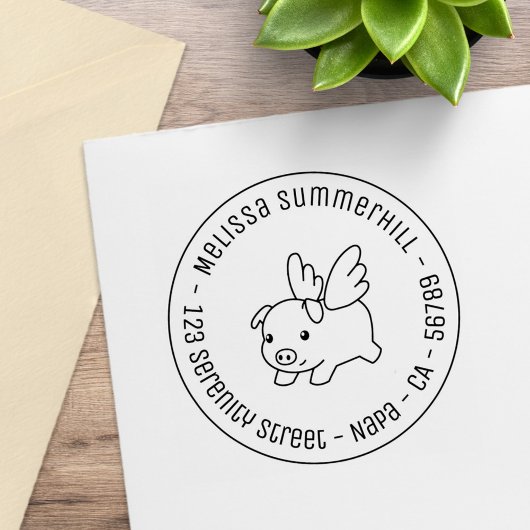 Flying Pig, Piglet met Wings Round Address 3 Rubberstempel