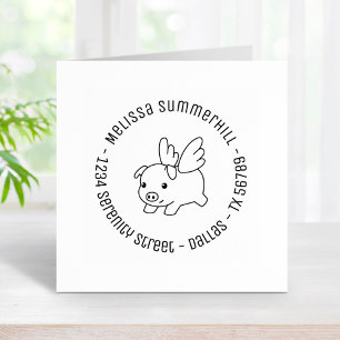 Flying Pig, Piglet met Wings Round Address 4 Rubberstempel